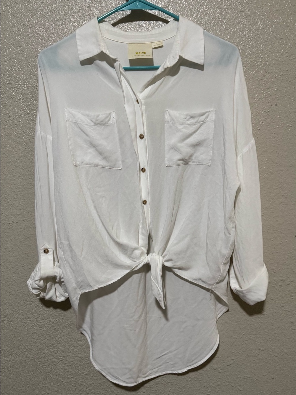 Anthropologie Maeve White Tie Front Button Down Collar Top Women’s Sz S High Low